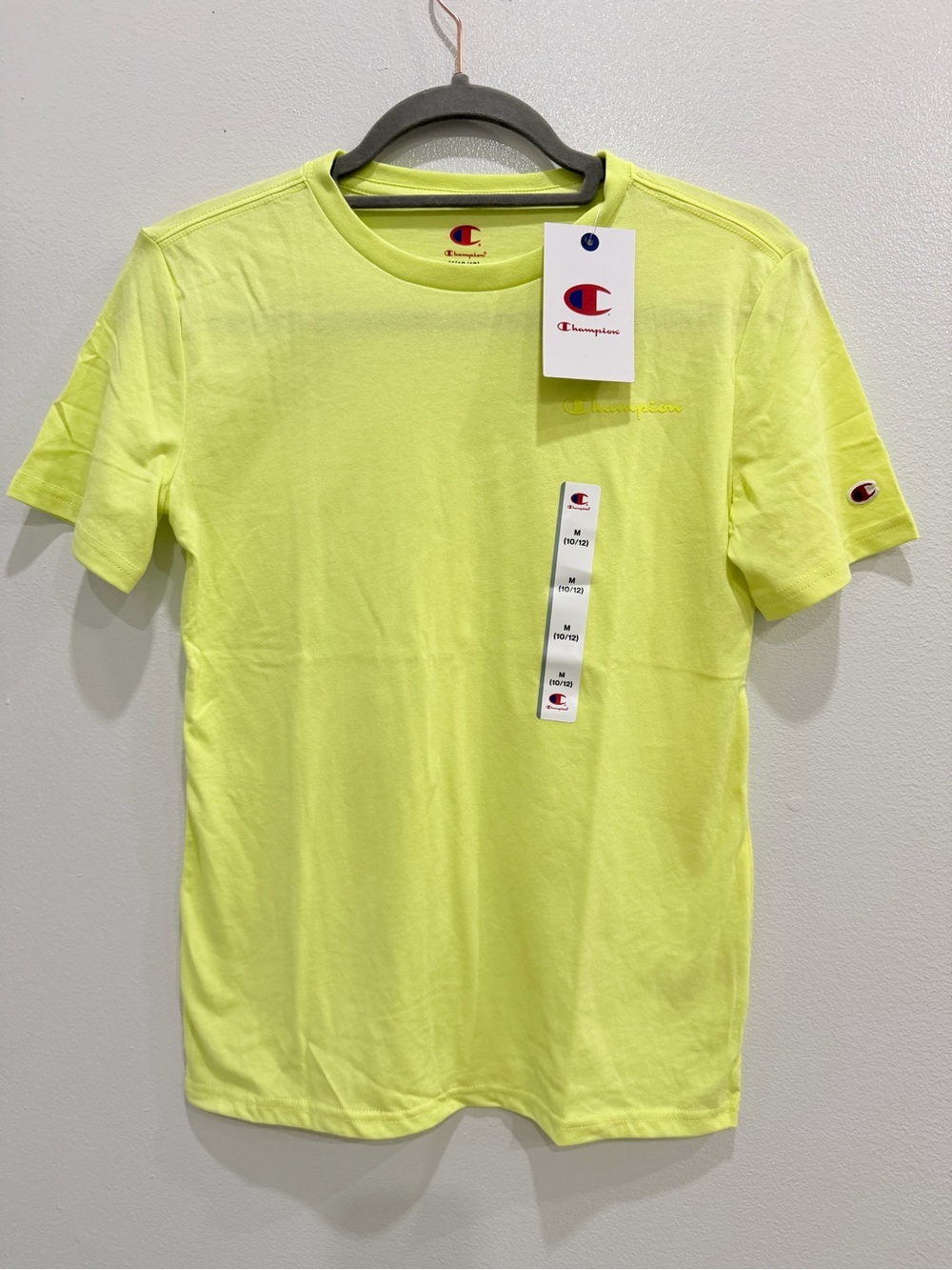 Champion Neon Yellow Kids Short Sleeve Tee with Chest Logo